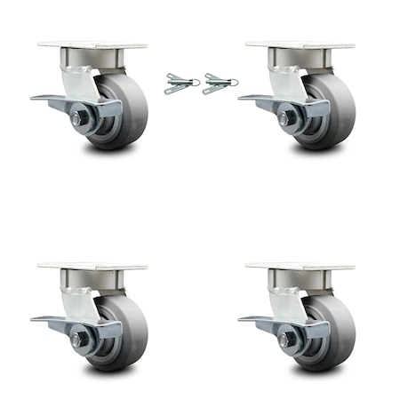 Service Caster 4 Inch Kingpinless Thermoplastic Rubber Wheel Caster Brakes 2 Swivel Locks, 4PK SCC-KP30S420-TPRRF-SLB-BSL-2-SLB-2
